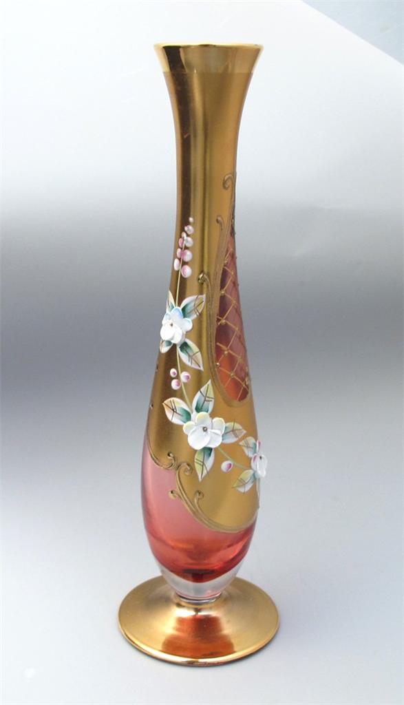 VINTAGE MURANO / BOHEMIAN CRANBERRY PINK BUD VASE GILT GOLD