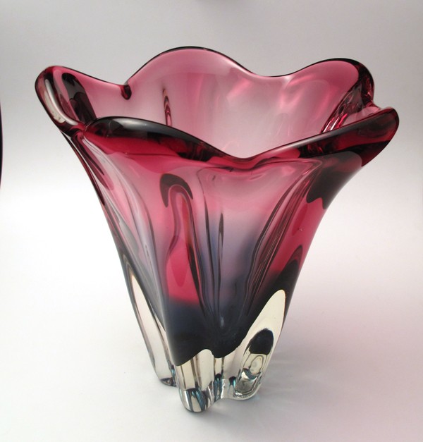 HUGE VINTAGE ITALIAN MURANO CASED BLUE & PINK ART GLASS VASE RETRO MID