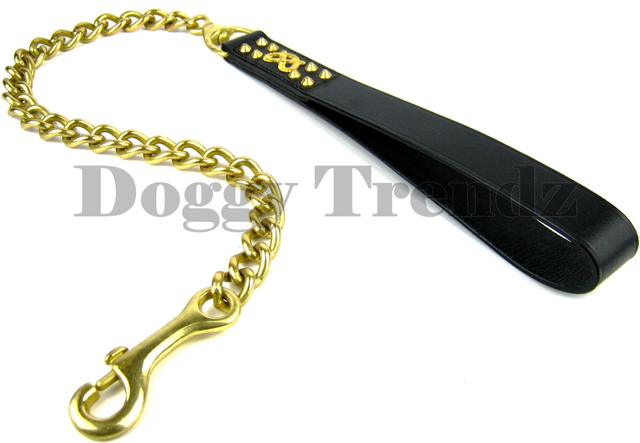 LEATHER DOG CHAIN LEAD SOLID BRASS STUDS & KNOT STAFFORDSHIRE BULL