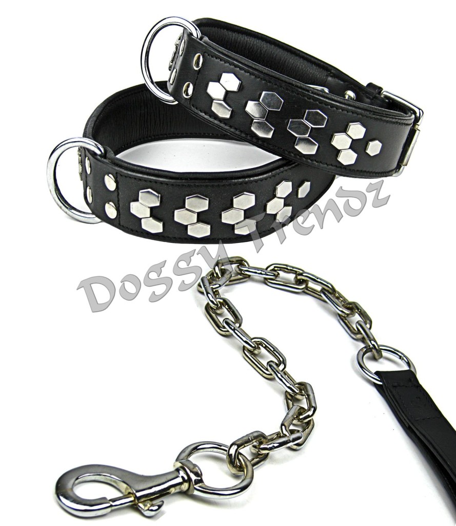 LEATHER DOG COLLAR AND LEAD SUPER HEAVY CHAIN CHROME STRONG FOR BIG DOGS