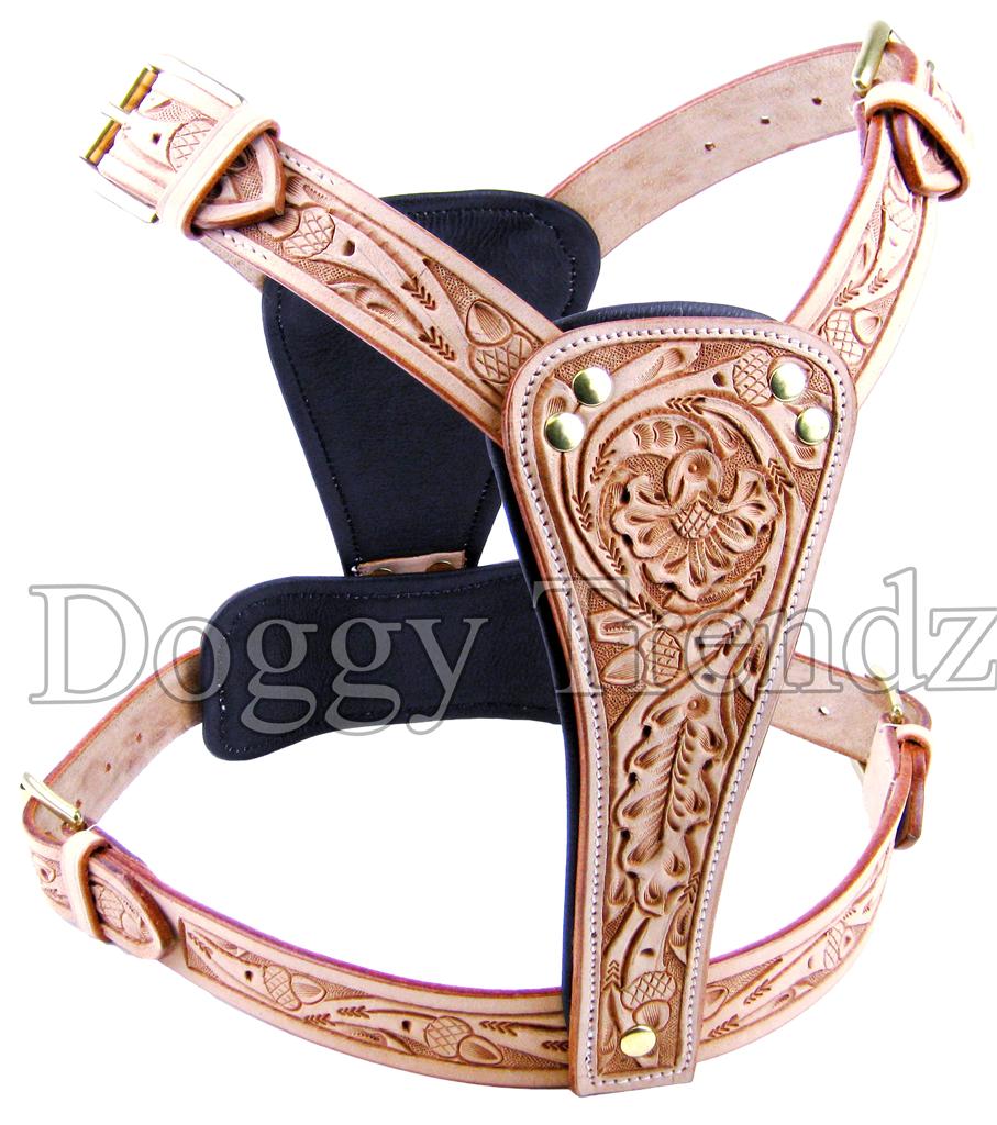 HANDMADE CARVED NATURAL MAXIMUS LEATHER DOG HARNESS STAFFORDSHIRE BULL