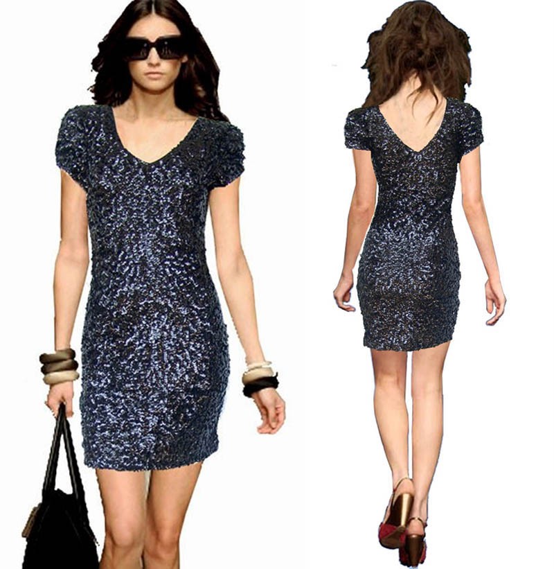 Hot Ladies Evening Cocktail Party V Neck Bling Sequin Dance Club Dress