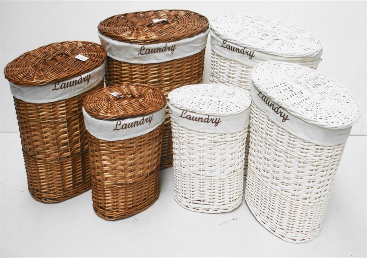 BROWN OR WHITE OVAL WICKER LAUNDRY BASKET WITH LID AND REMOVABLE COTTON