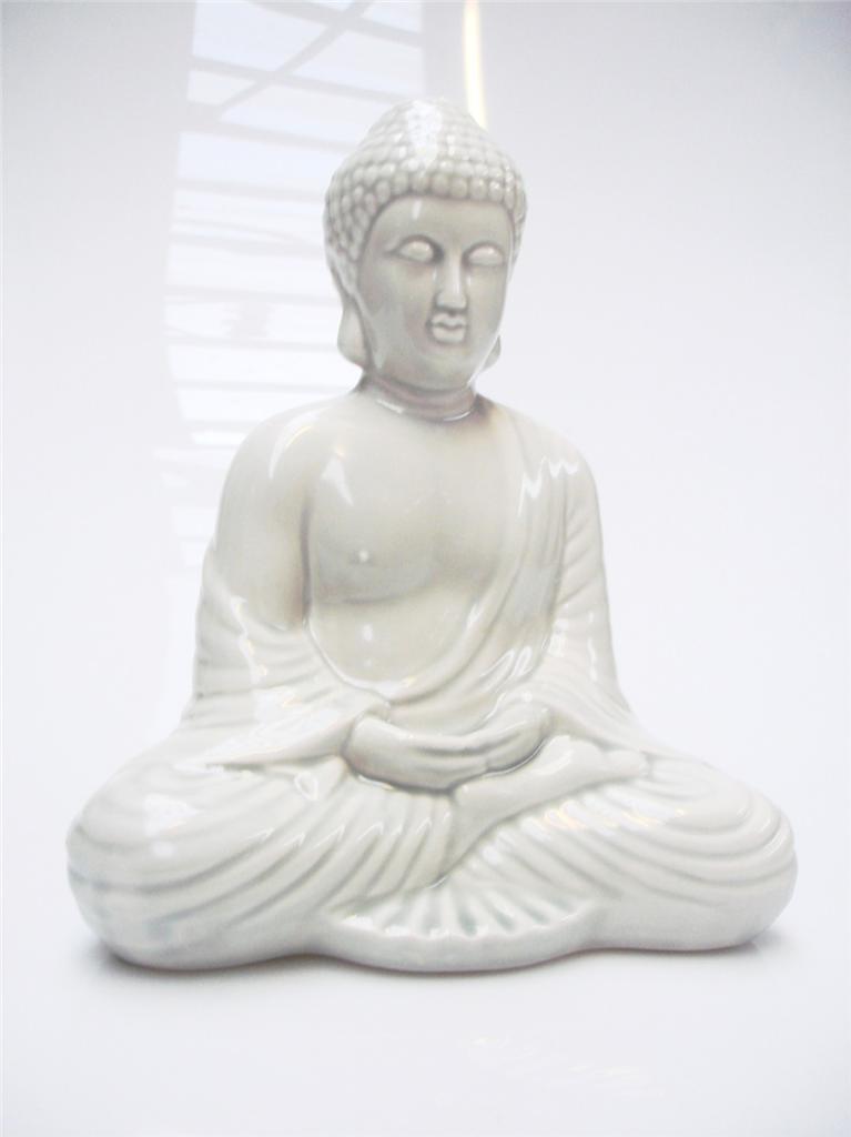 28cm CERAMIC WHITE GREY FINISH MEDITATING BUDDHA STATUE ORNAMENT