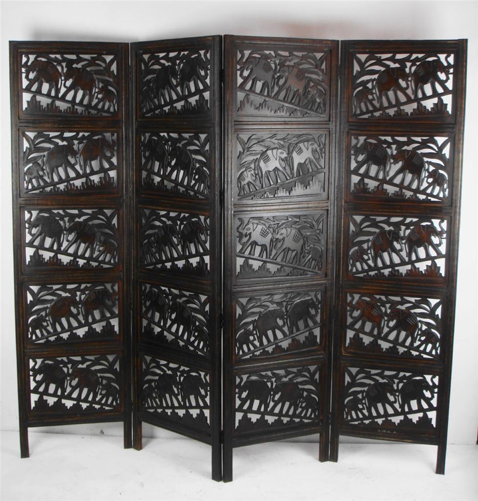 4 Panel Hand Carved Indian Screen Wooden Elephant Screen Room Divider