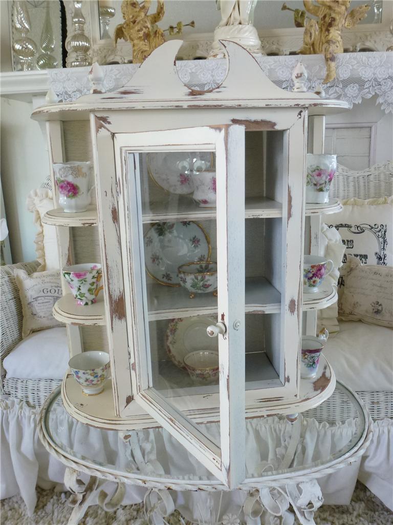 Large Vintage Country Farmhouse Wall Curio Shelf Creamy French