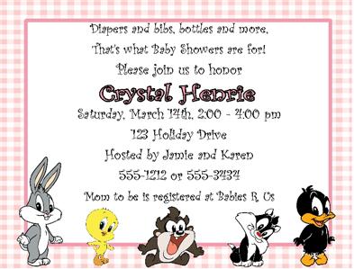 Details about Personalized Baby Looney Tunes pink blue Invitations