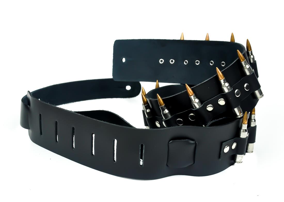 Real Silver Bullet Leather Guitar / Bass Strap Black Death Heavy Metal