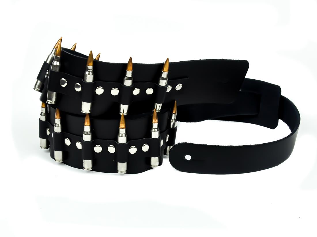 Real Silver Bullet Leather Guitar / Bass Strap Black Death Heavy Metal