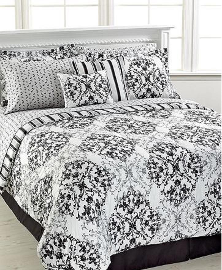 NEW QUEEN FAIRFIELD SQUARE BLACK & WHITE FLORAL BED COMFORTER SET 10