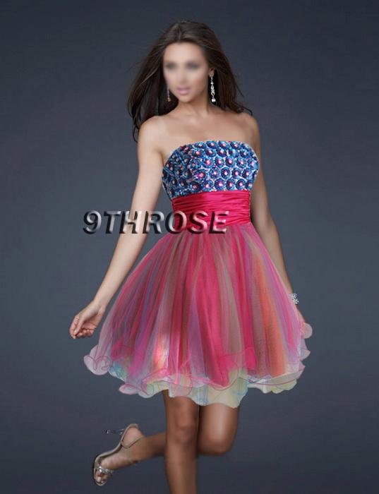 PUFFY MULTI COLOR SKIRT BEADED PARTY/COCKTAIL SHORT DRESS; PINK & BLUE S, AU8US6 | eBay