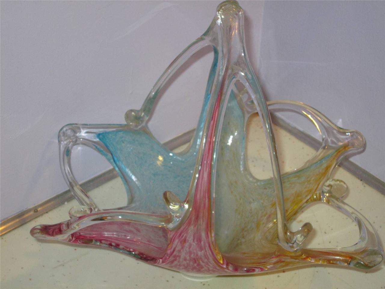 VINTAGE MURANO ART GLASS BASKET PASTEL COLORS HANDMADE STUNNING