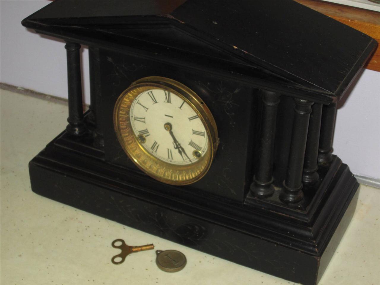 Rare Antique Ingraham Calumet Model Wooden Black Mantel Clock W KEY