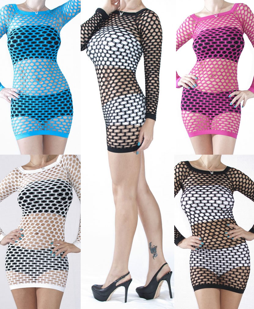 Fishnet Mesh Mini Dress Bodycon Clubbing Dancer Seamless Long Sleeve ...