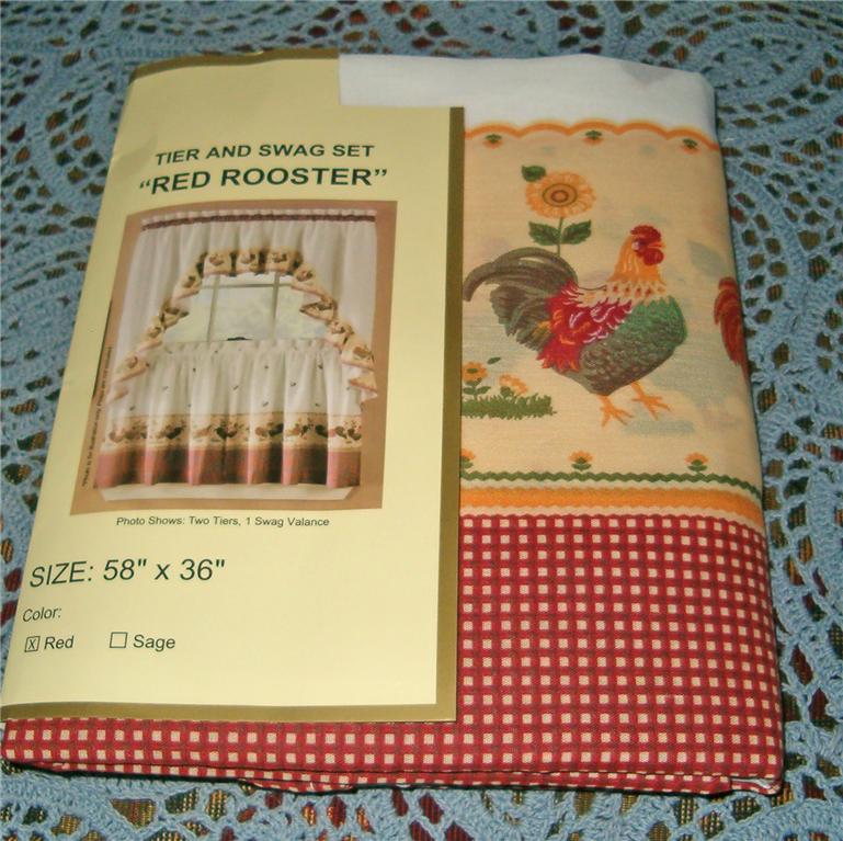 Country Rooster Kitchen Curtains Tier And Swag Set New