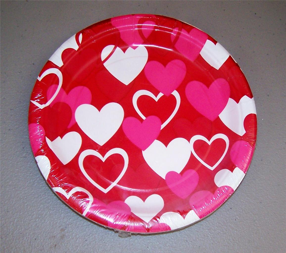 Valentines Day Traditional Hearts Red Pink White Paper Plates, Napkins
