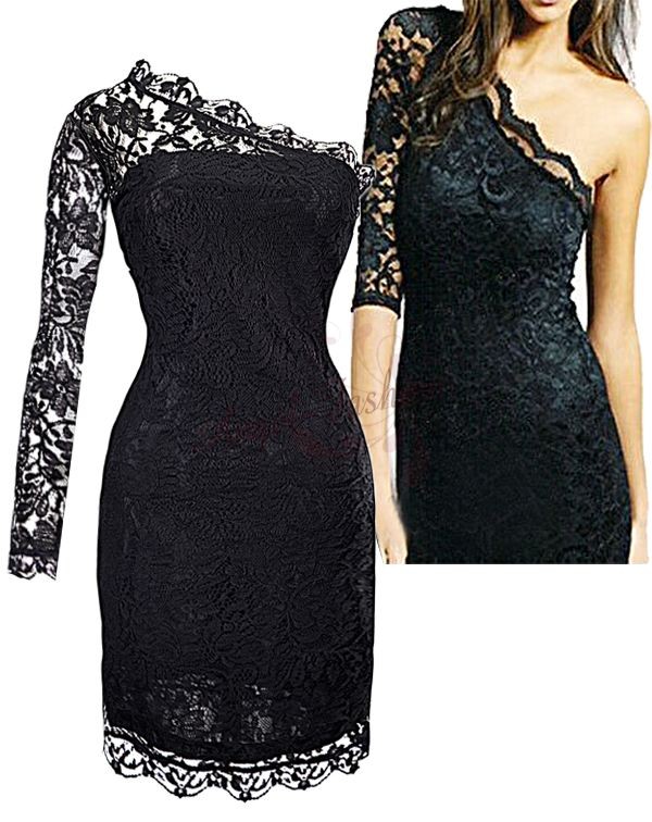 ... about Sexy One shoulder Lace Trim Evening Dresses S M L XL Black ... about Sexy One shoulder Lace Trim Evening Dresses S M L XL Black