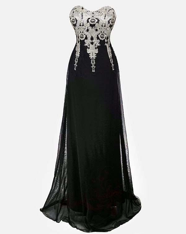 Strapless-Embroidered-Mixed-Sleeveless-Banquet-Evening-Dress-XL-Black