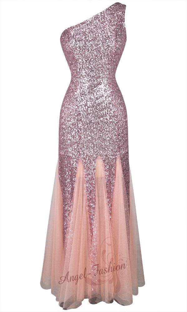 ... One Shoulder Sequined Blinding Mesh See Through Evening Dress XL Pink
