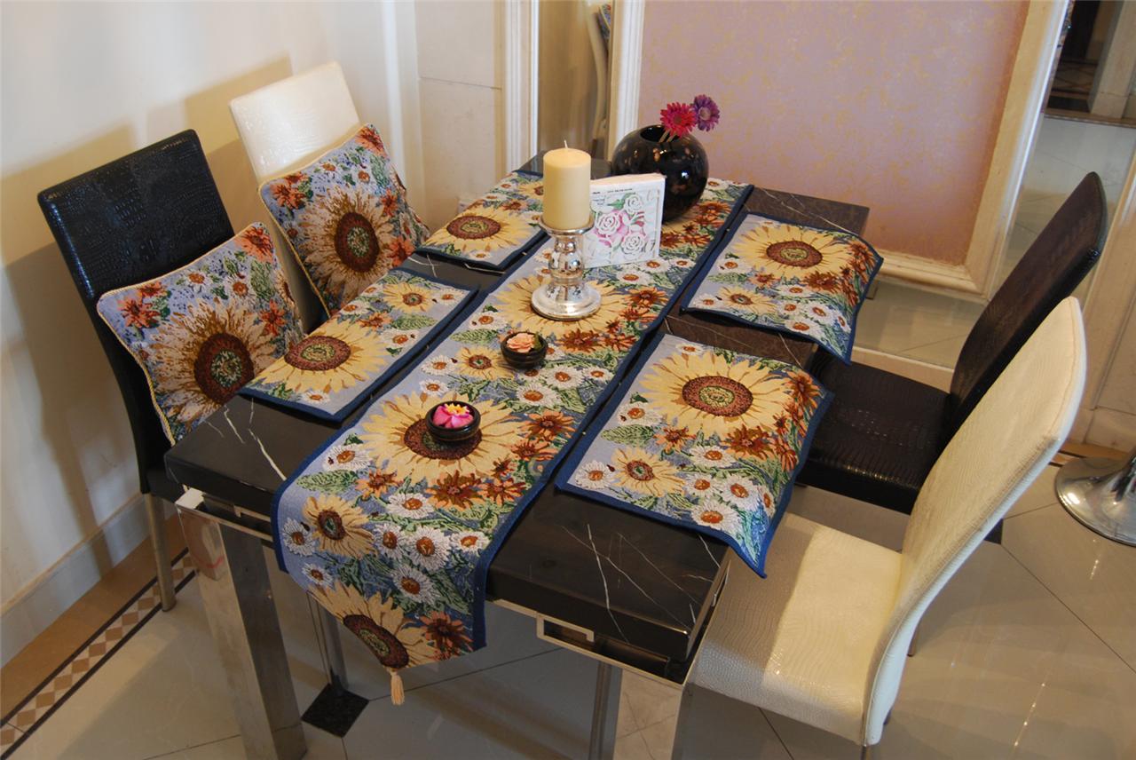 COUNTRY BLUE SUNFLOWER FLORALS TAPESTRY CUSHION COVERS TABLE RUNNER