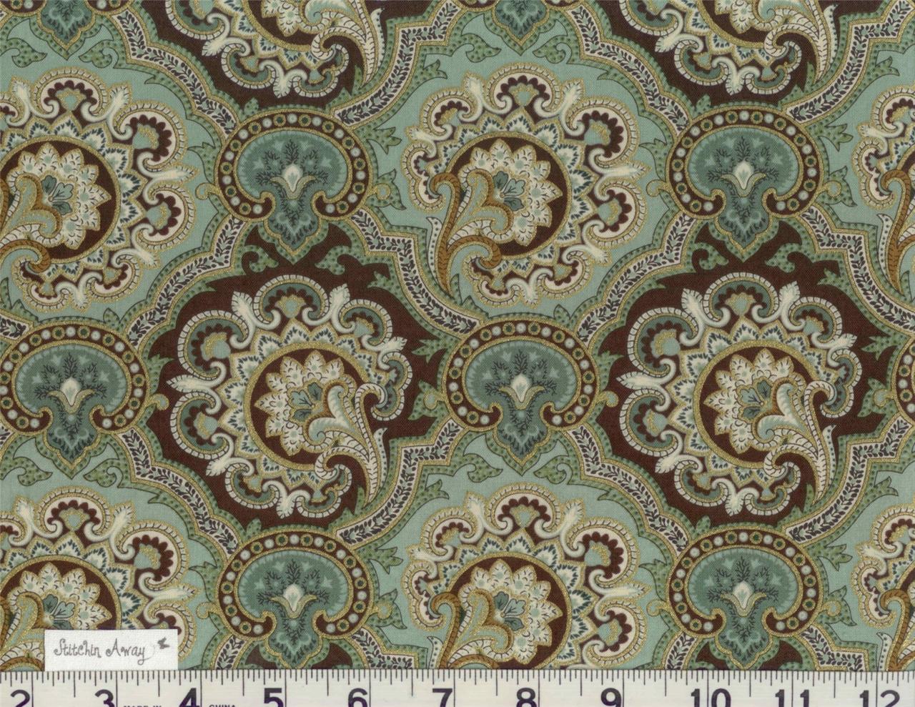 ELEGANT TEAL & GOLD Quilting 100 Cotton Fabric Paisley, Stripes