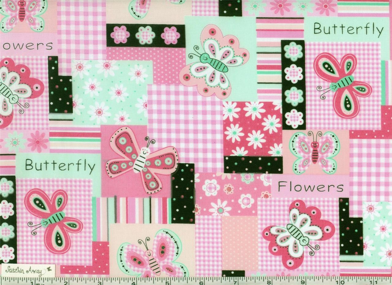 PINK and BLACK BUTTERFLY Quilting 100 Cotton Fabric Stripes, Patchwork
