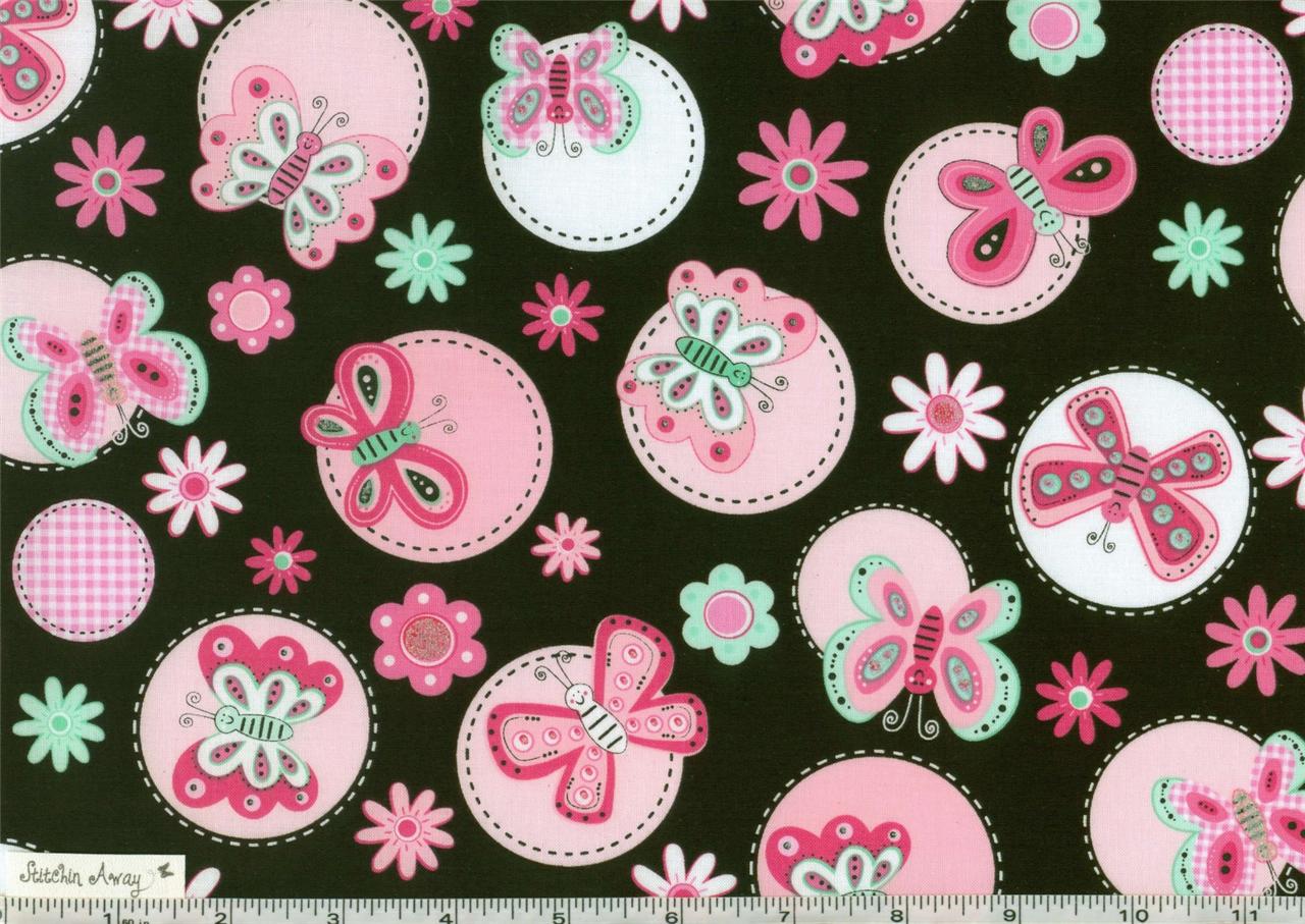 PINK and BLACK BUTTERFLY Quilting 100 Cotton Fabric Stripes, Patchwork