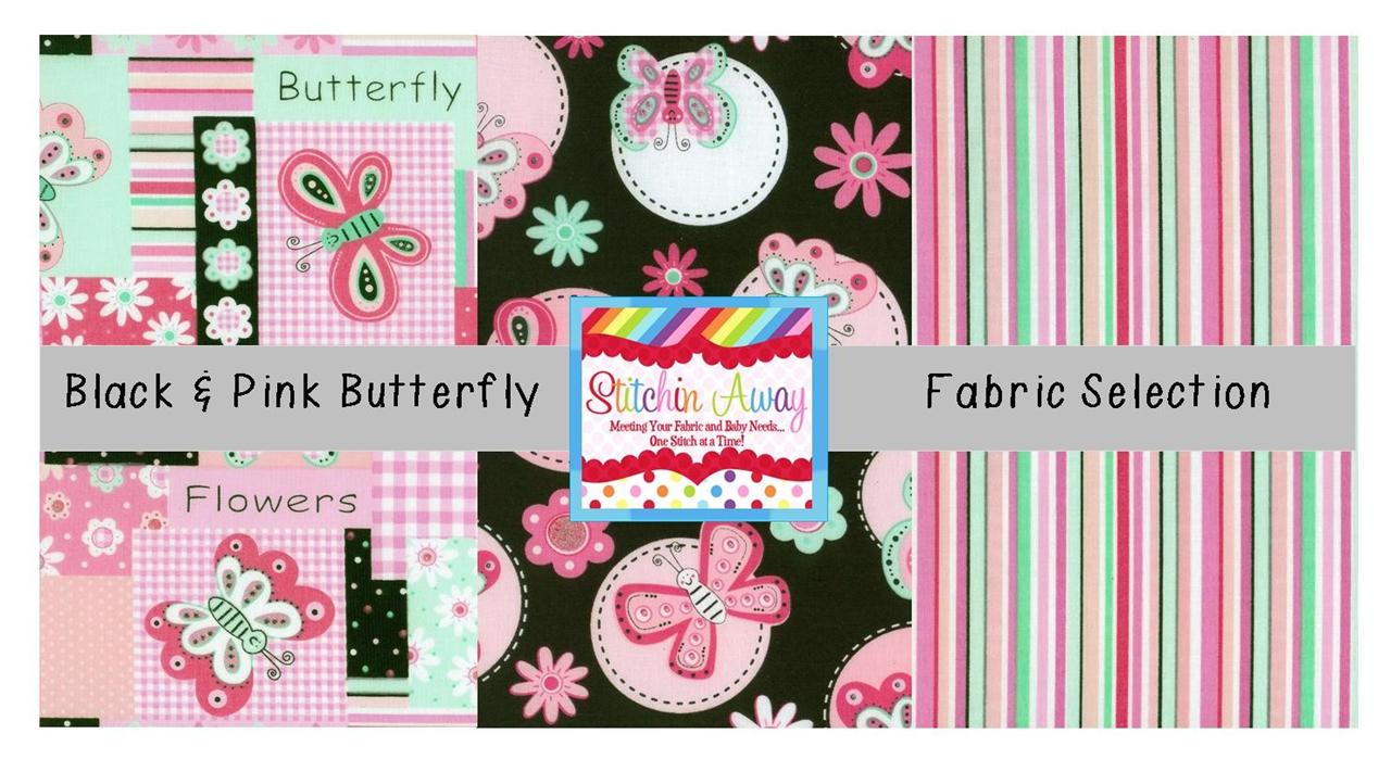 PINK and BLACK BUTTERFLY Quilting 100 Cotton Fabric Stripes, Patchwork