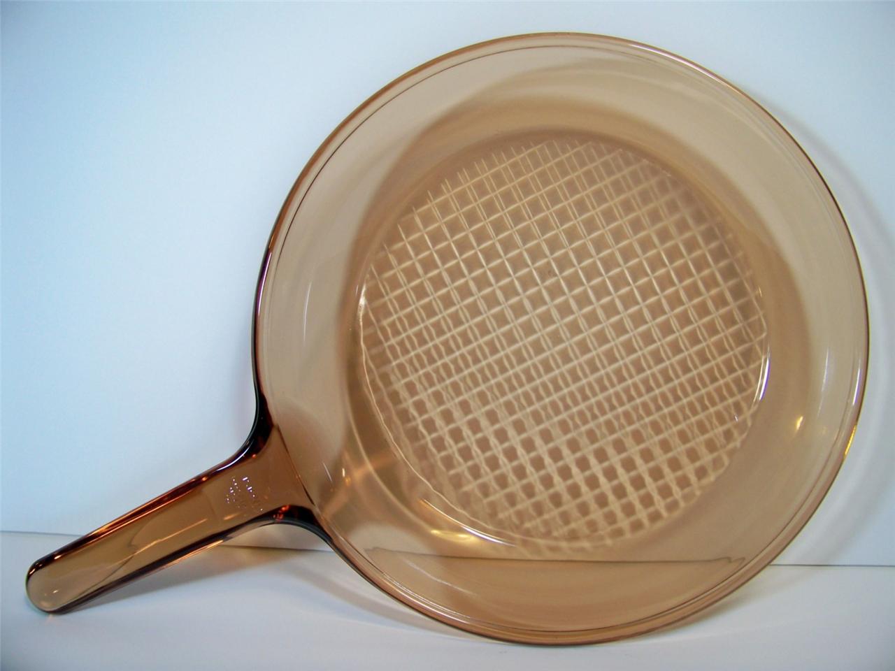 CORNING WARE VISIONS amber glass 10" SKILLET FRY PAN waffle bottom USA pyrex eBay
