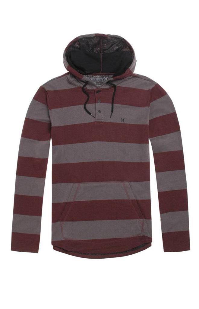 Hurley Trek Double Knit Mens Burgundy Gray Henley Pullover Hoodie