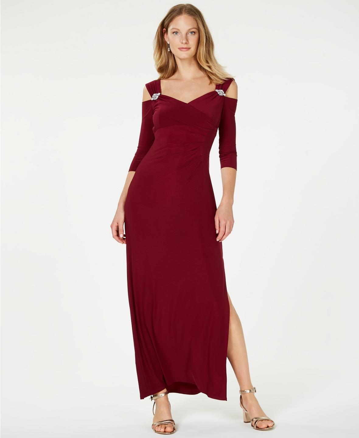 R M Richards Red Embellished Cold Shoulder Cocktail Party Long Gown