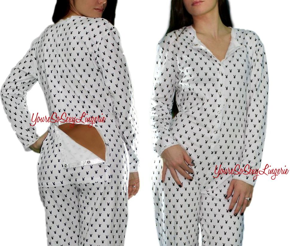 Playboy ONESIES PAJAMAS Adult DROPSEAT Back Flap Cotton PJ's FOOTLESS