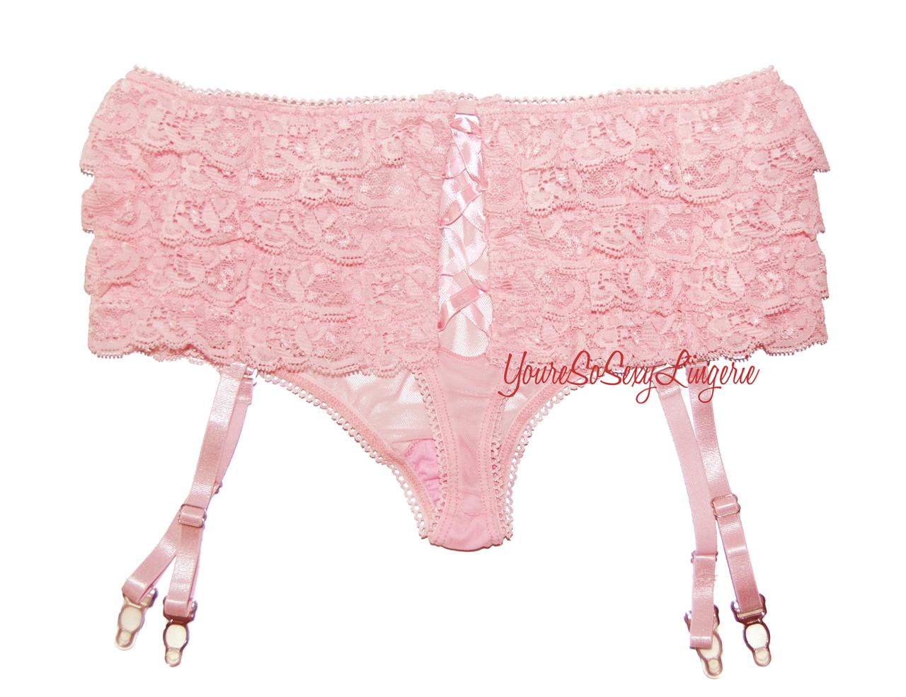 Pink RUFFLE PANTY w/Garters + NUDE STOCKINGS Boyshort RETRO 50's THIGH