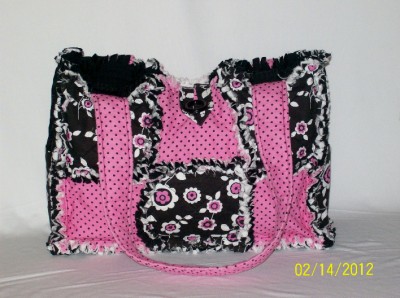 Pink Tote on Hot Pink Black Dot Flowers Hand Crafted Unique Rag Quilt Diaper Bag