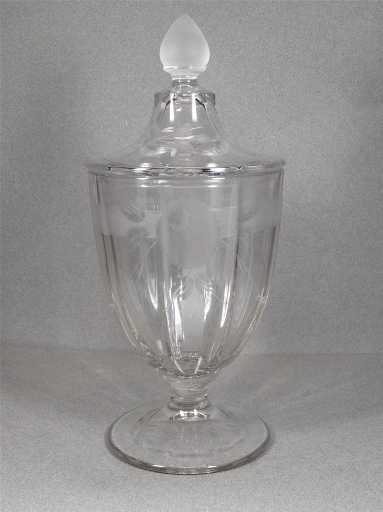 Vintage Etched Glass Tall Pedestal Jar / Covered Candy Dish Frosted