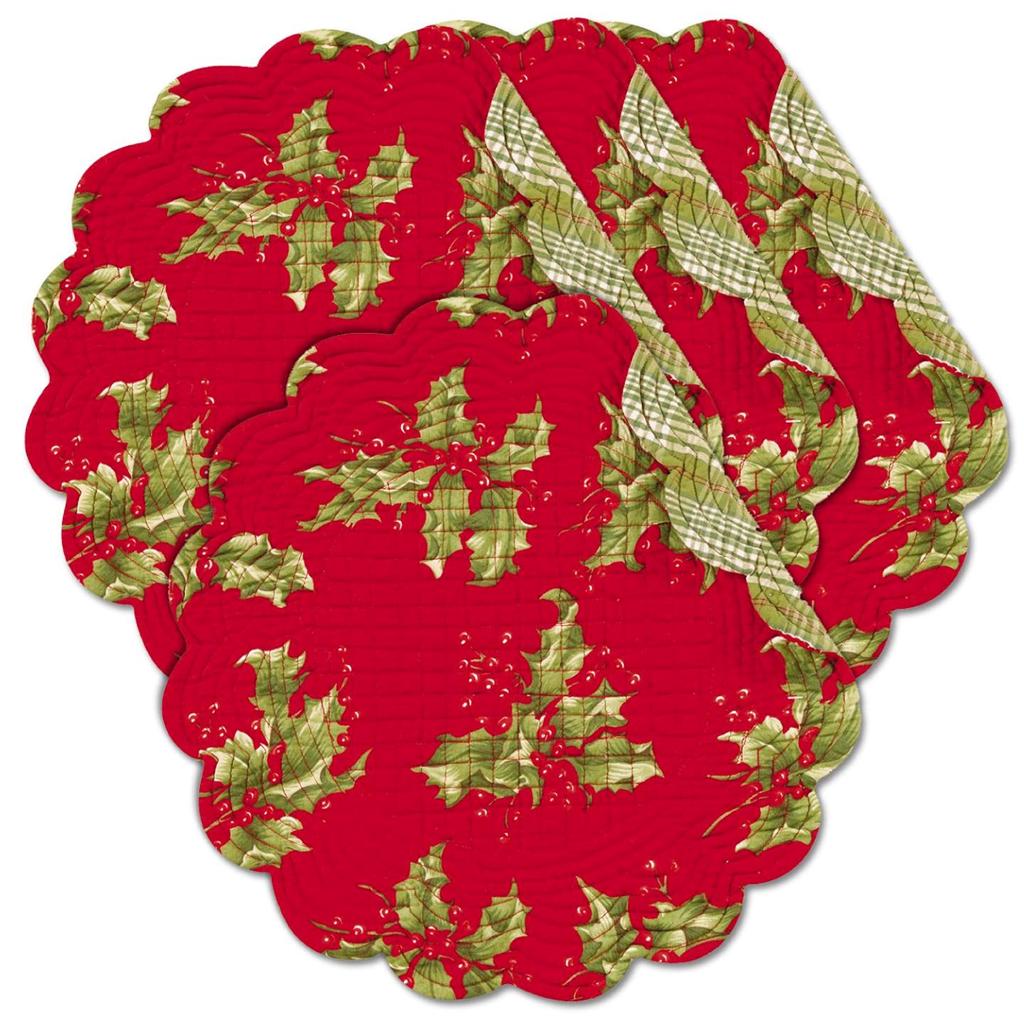 April Cornell Christmas Quilted 4 Table Placemats Set Holly Red Round