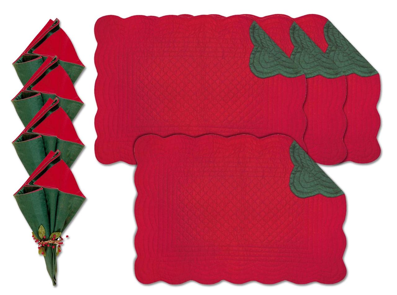 4 Placemats Fabric Napkins Set Reversible Christmas Holiday Red Green