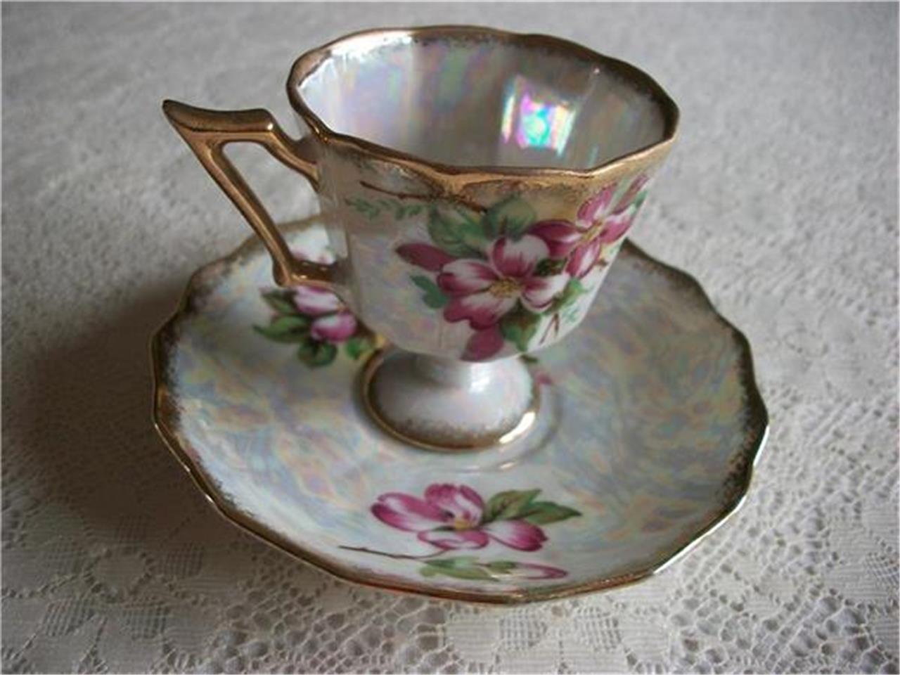 UCAGCO Ceramics Japan Iridescent Lusterware Footed Tea Cup Saucer with Labels