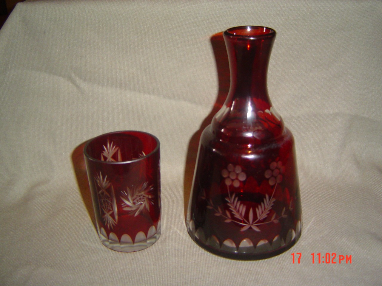 CUT RED FLASH GLASS BEDSIDE WATER DECANTER AND GLASS