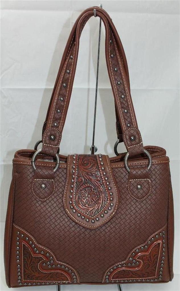 Montana West Concealed Weapon Flower Tooled Studs Faux Leather Weave Purse eBay