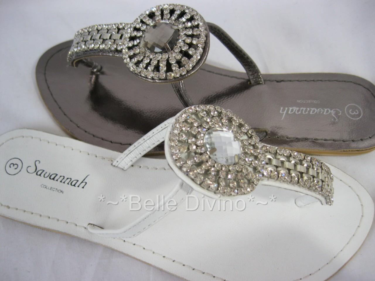 Savannah White  Pewter Jewel Leather Flip flops 3-8 Sparkly Diamante ...
