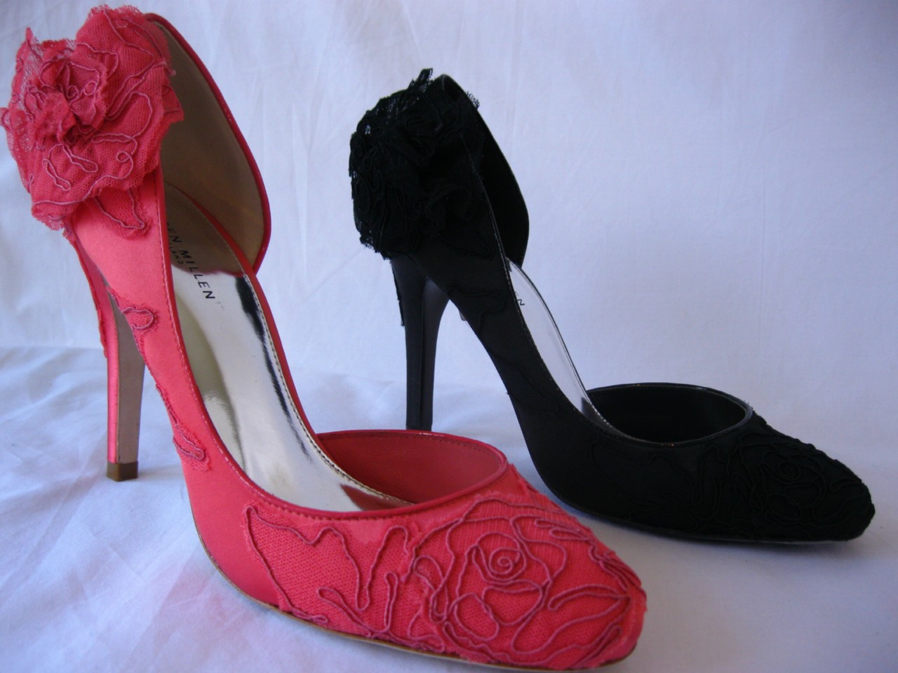 KAREN MILLEN Coral / Black Silk Floral Corsage Shoes Sizes