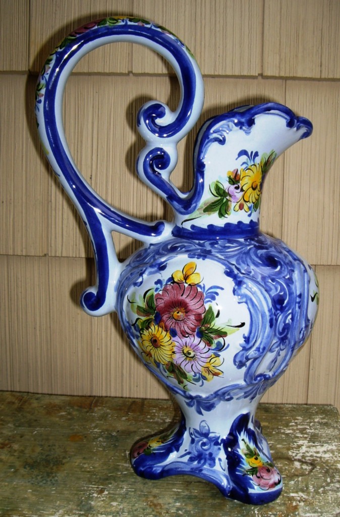 Vintage Portuguese Portugal Majolica Hand Painted Pitcher Vase Flowers