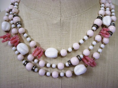 Pink Coral Jewelry on Very Long Necklace Milk Glass Pink Coral   Rhinestone Rondel Beads 62