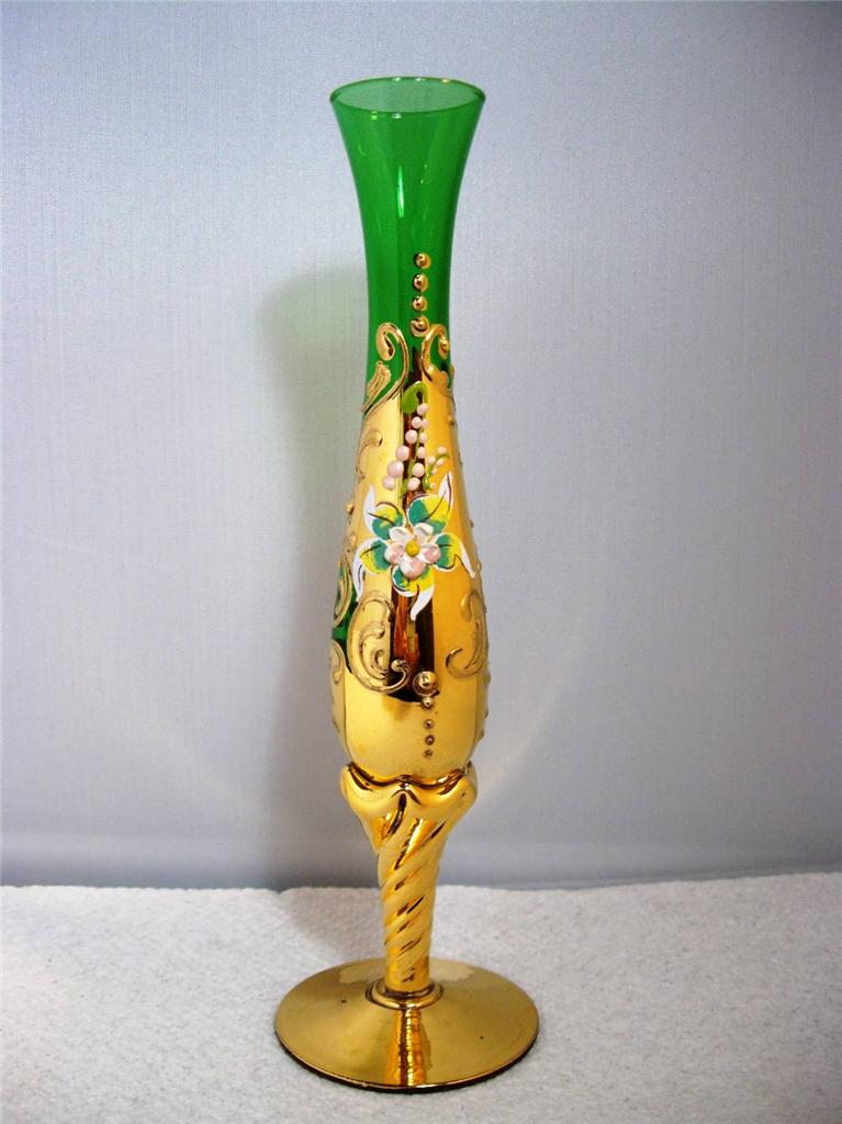Antique Bohemian Czech Moser Glass Gilded Gold Green Floral Delicate Bud Vase Ebay