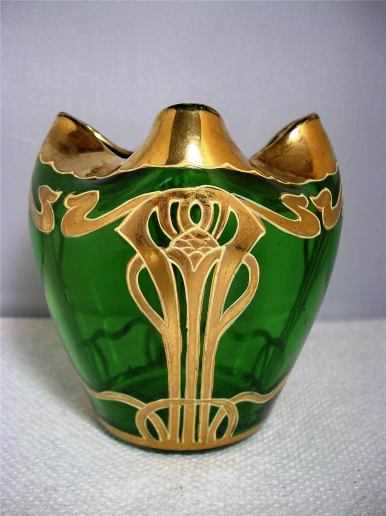 Art Nouveau Bohemian Czech Moser Glass Gilded Gold Green Jugendstil Vase Crimped