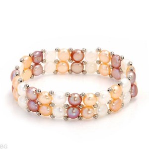 Elasticated Bracelet PINK ORANGE WHITE Pearl 925 Silver