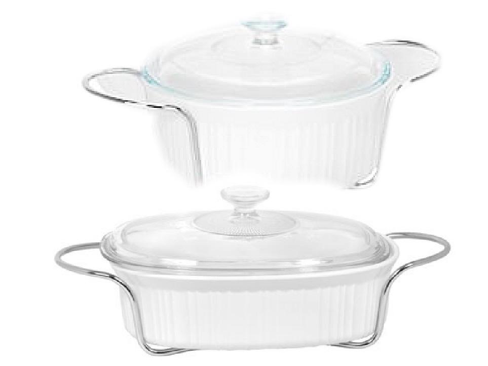 1 Corningware Chromed Metal Serving Cradle French White Casserole Round