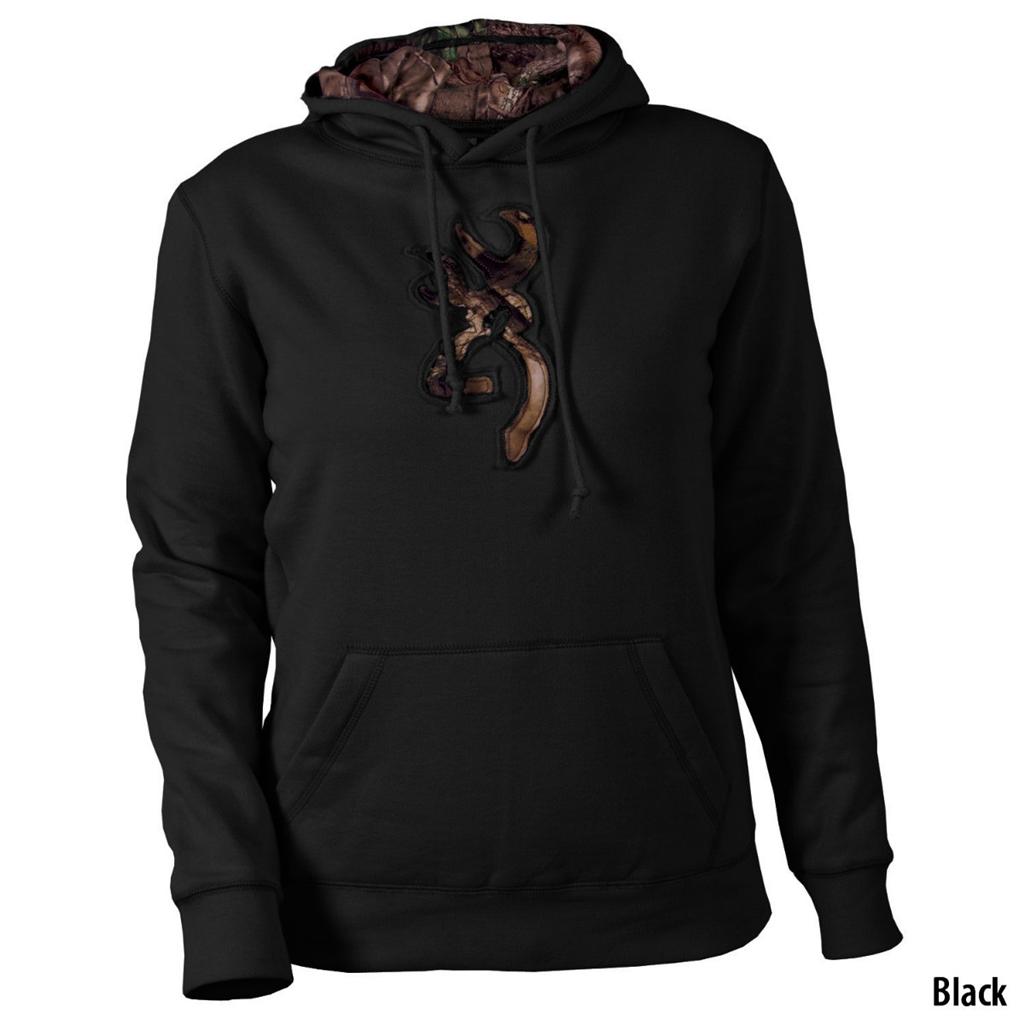 WOMENS Browning BLACK Pull-Over HOODIE Sweatshirt w/*MOSSY OAK Camo BUCKMARK New - Picture 1 of 1