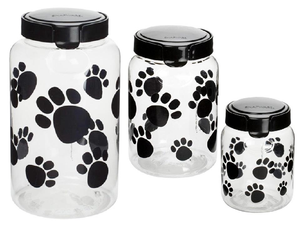 SNAPWARE Black PAW PRINT Dog/ PET TREAT Plastic CANISTER Set 17, 10 or